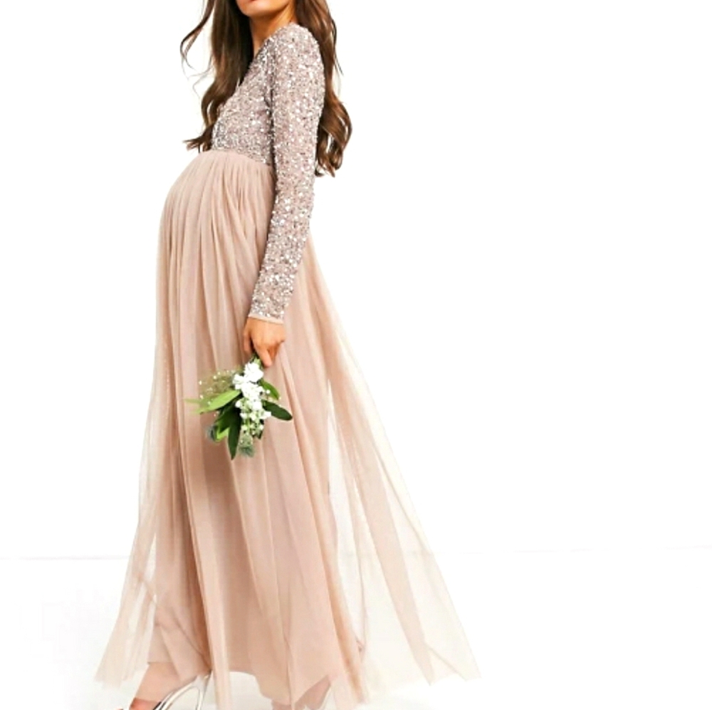 Maya Maternity long sleeve maxi tulle dress